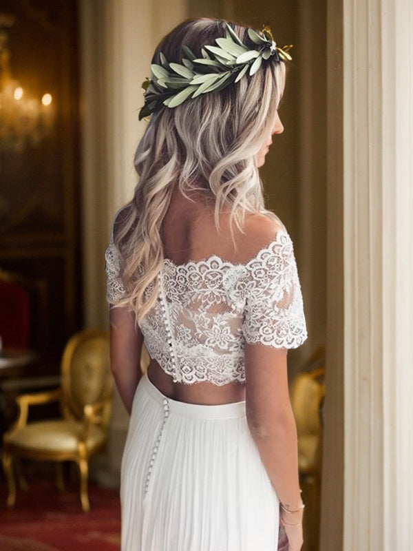Vestidos de novia de tul con encaje, corte A/princesa, hombros descubiertos, largo hasta el suelo, mangas 1/2