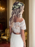 Vestidos de novia de tul con encaje, corte A/princesa, hombros descubiertos, largo hasta el suelo, mangas 1/2