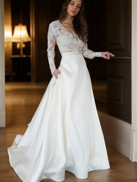 A-Linie/Princess-Linie Lange Ärmel Sweep/Pinsel Zug V-Ausschnitt Applikationen Satin Brautkleider