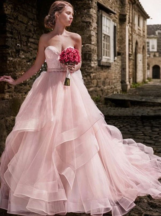Ballkleid Herzausschnitt Ärmellos Hofschleppe Lagen Organza Brautkleider Rosa Brautkleider