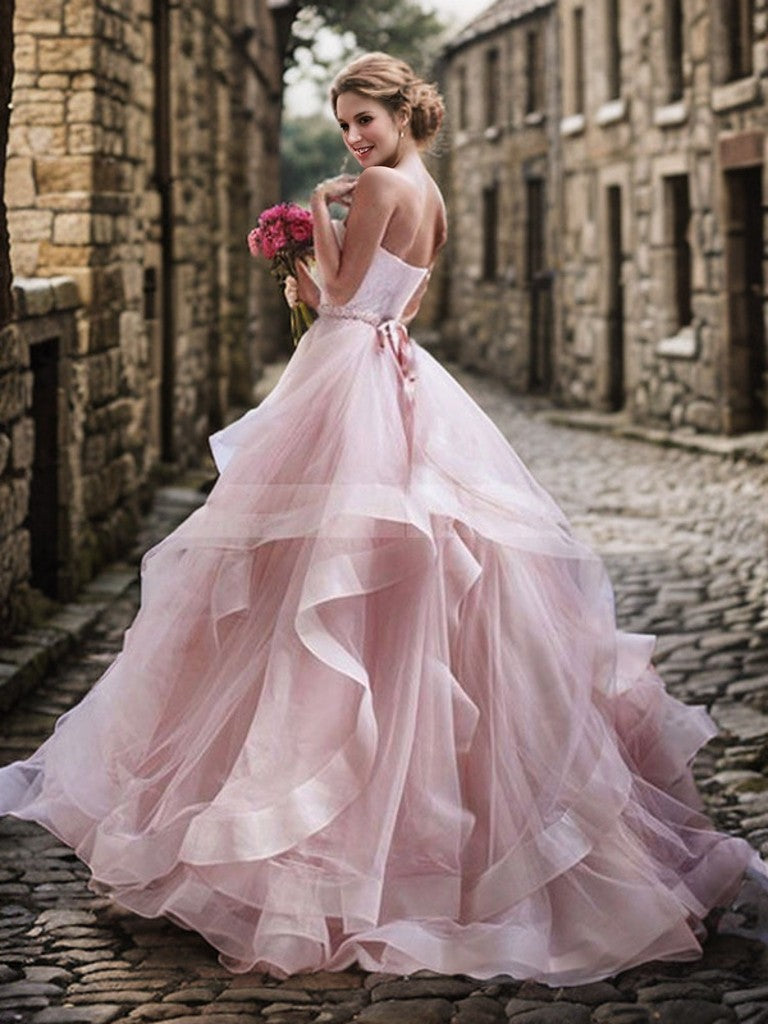 Ballkleid Herzausschnitt Ärmellos Hofschleppe Lagen Organza Brautkleider Rosa Brautkleider