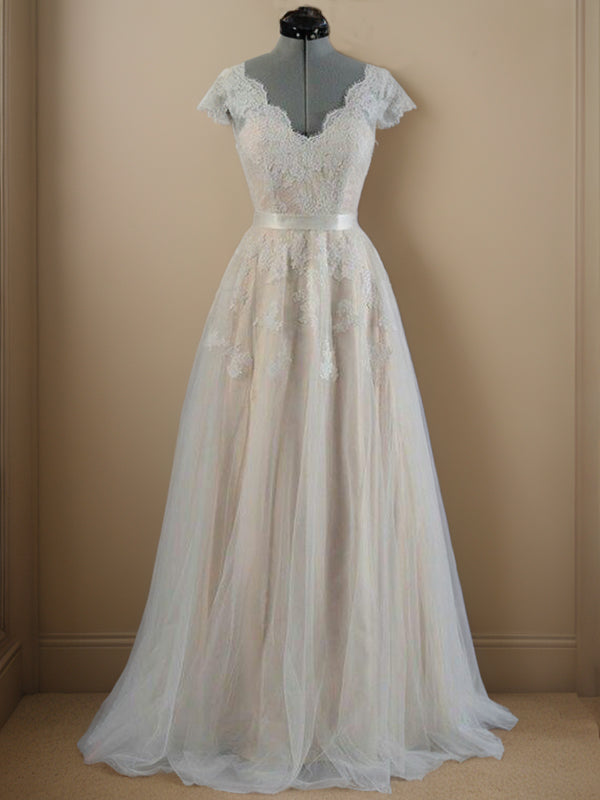 A-Linie/Princess-Linie V-Ausschnitt Ärmellos Bodenlang Applikation Spitze Brautkleider Brautkleider