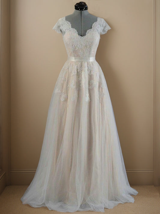 A-Linie/Princess-Linie V-Ausschnitt Ärmellos Bodenlang Applikation Spitze Brautkleider Brautkleider