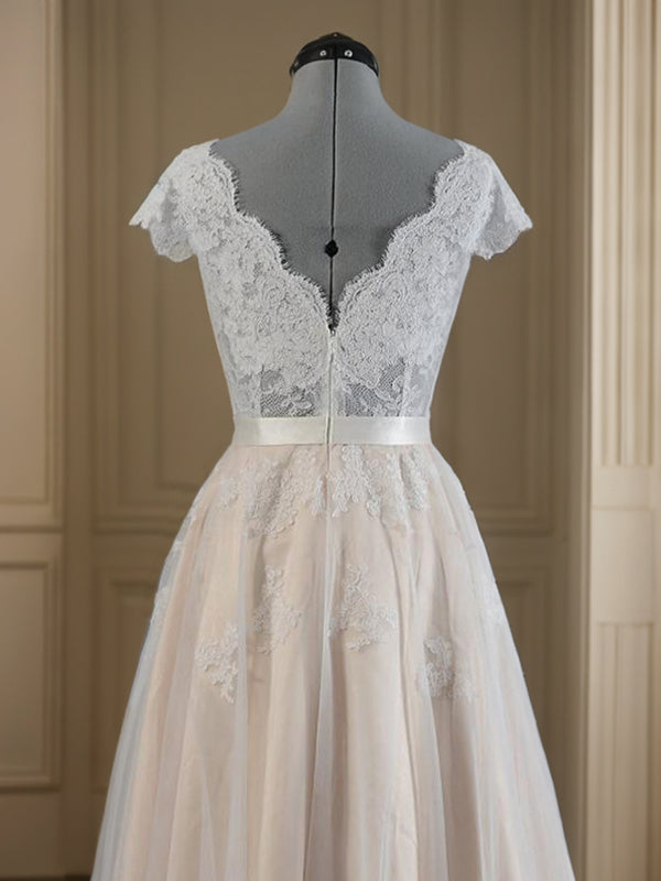 A-Linie/Princess-Linie V-Ausschnitt Ärmellos Bodenlang Applikation Spitze Brautkleider Brautkleider