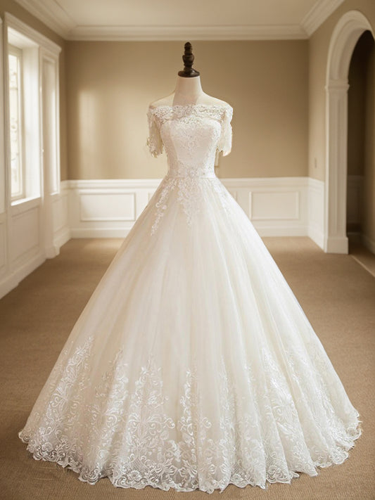 Ballkleid 1/2 Ärmel Off-the-Shoulder Bodenlang Applikation Spitze Tüll Brautkleider Brautkleider