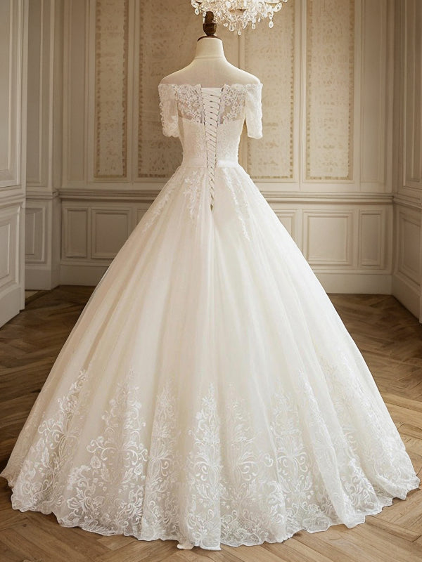 Ballkleid 1/2 Ärmel Off-the-Shoulder Bodenlang Applikation Spitze Tüll Brautkleider Brautkleider