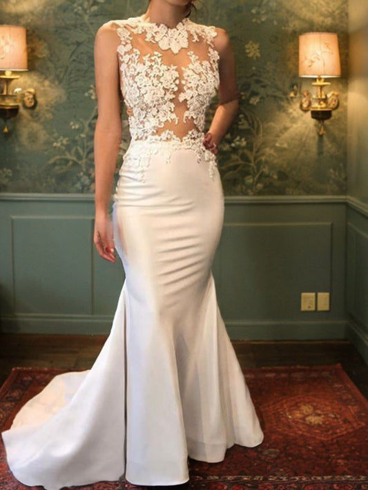 Trumpet/Mermaid Sleeveless Scoop Court Train Applique Satin Wedding Dresses Bridal Gowns