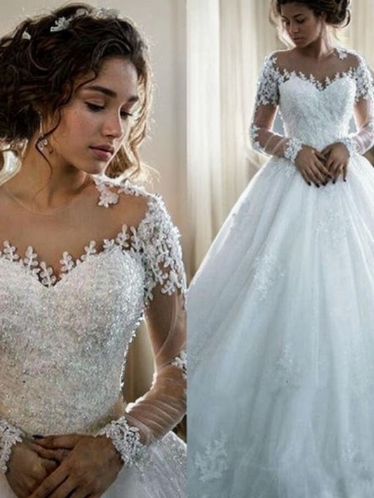 Ballkleid Applikationen Tüll U-Ausschnitt Lange Ärmel Hofschleppe Brautkleider Brautkleider