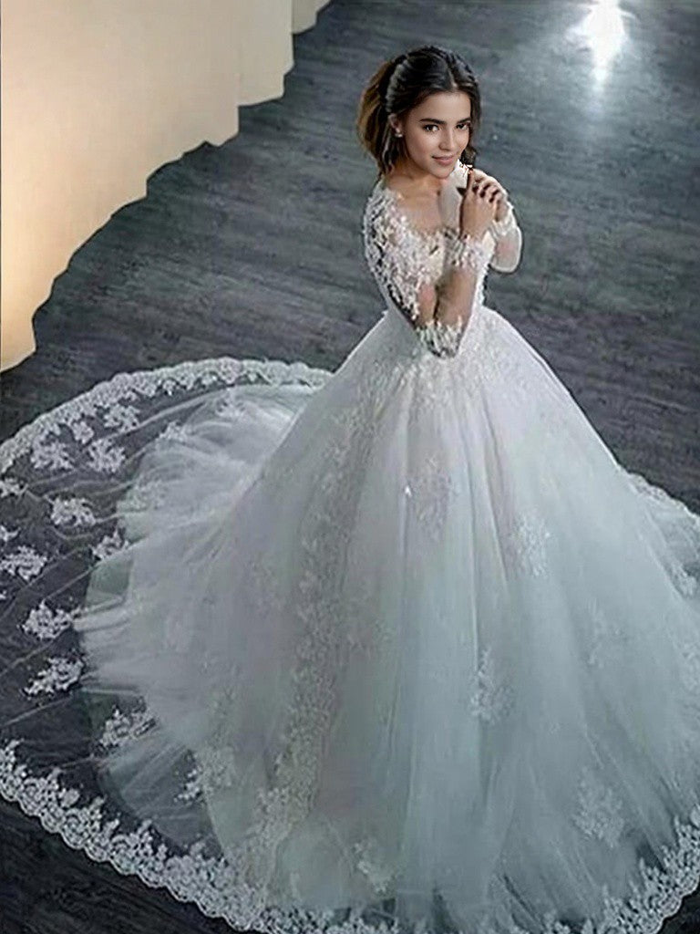 Ballkleid Applikationen Tüll U-Ausschnitt Lange Ärmel Hofschleppe Brautkleider Brautkleider