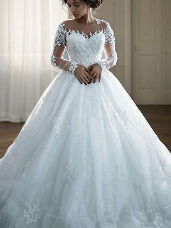 Ballkleid Applikationen Tüll U-Ausschnitt Lange Ärmel Hofschleppe Brautkleider Brautkleider