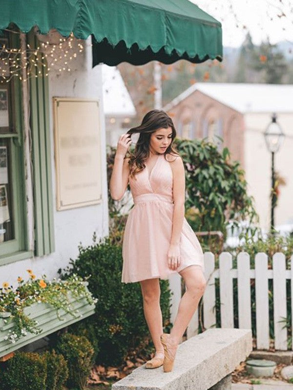 Vestido de fiesta de graduación, corte A/princesa, con volantes, cuello halter, de tul, sin mangas, corto/mini