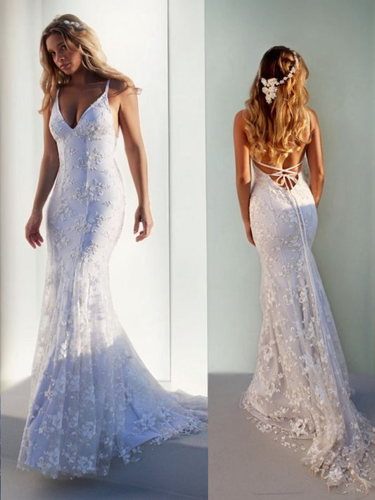 Trumpet/Mermaid Spaghetti Straps Sleeveless Lace Court Train Wedding Dresses Bridal Gowns
