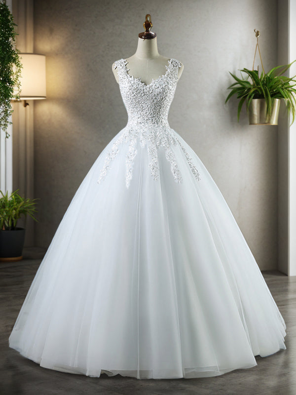 Ball Gown V-neck Sleeveless Sweetheart Floor-Length Applique Tulle Wedding Dresses Bridal Gowns