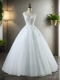 Ball Gown V-neck Sleeveless Sweetheart Floor-Length Applique Tulle Wedding Dresses Bridal Gowns