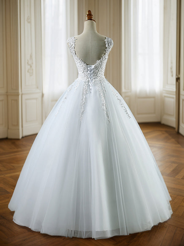 Ball Gown V-neck Sleeveless Sweetheart Floor-Length Applique Tulle Wedding Dresses Bridal Gowns