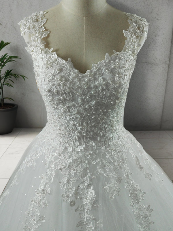 Ball Gown V-neck Sleeveless Sweetheart Floor-Length Applique Tulle Wedding Dresses Bridal Gowns