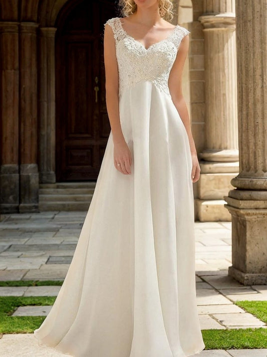 Empire-Linie Ärmellos Sweep/Pinsel Zug V-Ausschnitt Spitze Chiffon Brautkleider Brautkleider