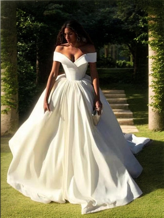 Ballkleid Off-the-Shoulder Hofschleppe Satin Brautkleider Brautkleider