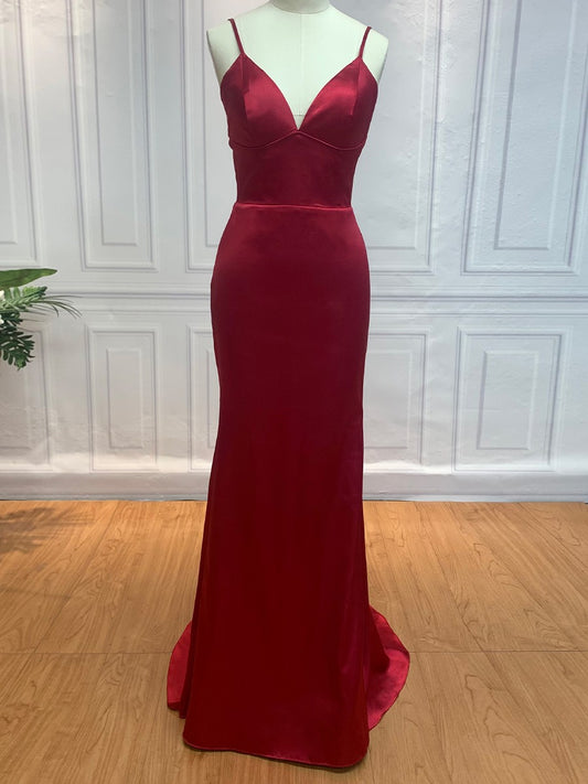 Sheath/Column Spaghetti Straps V-neck Sweep/Brush Train Silk like Satin Dresses Prom Evening Dress