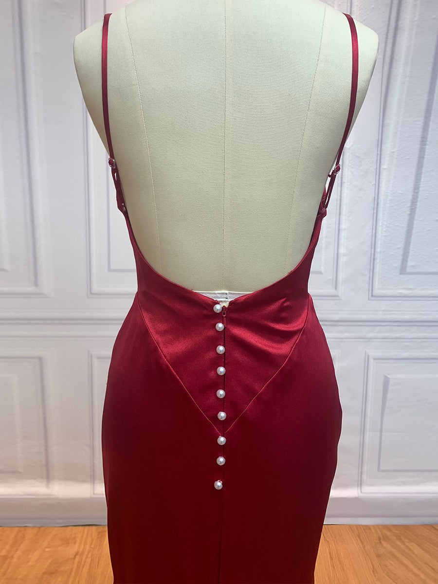 Vestido de noche de graduación con tirantes finos, escote en V, cola larga y efecto seda satinada