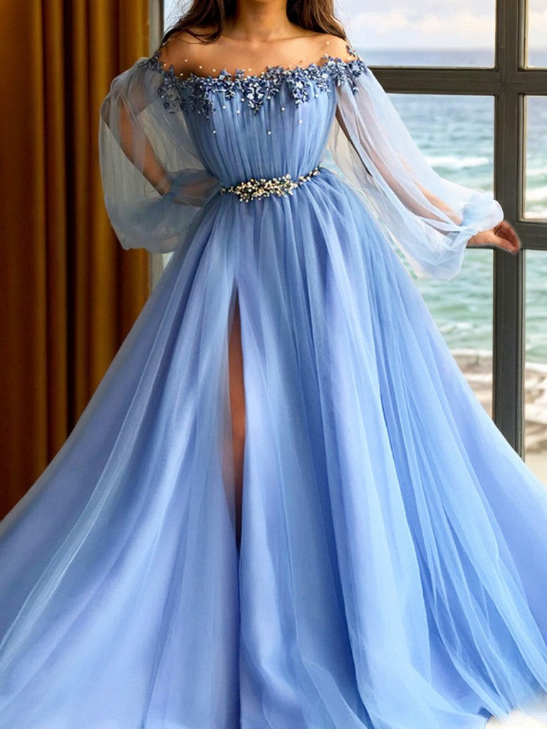 A-Line/Princess Long Sleeves Off-the-Shoulder Tulle Beading Floor-Length Evening Dresses Prom Dress