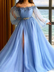 A-Line/Princess Long Sleeves Off-the-Shoulder Tulle Beading Floor-Length Evening Dresses Prom Dress