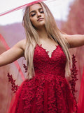 Vestido de noche de graduación con corte A/princesa, apliques de tul, sin mangas, escote en V y largo hasta el suelo