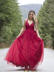 Vestido de noche de graduación con corte A/princesa, apliques de tul, sin mangas, escote en V y largo hasta el suelo
