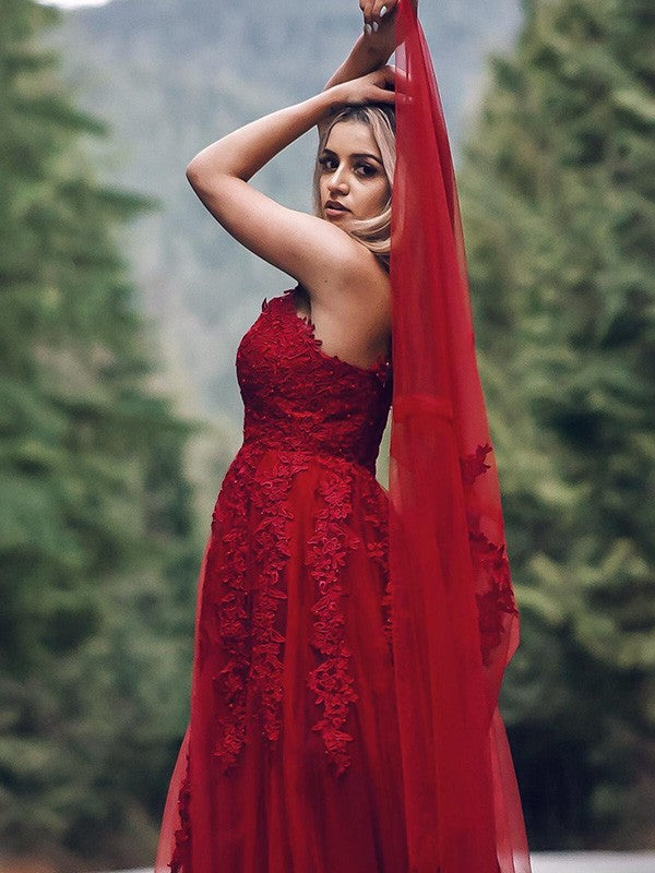 Vestido de noche de graduación con corte A/princesa, apliques de tul, sin mangas, escote en V y largo hasta el suelo