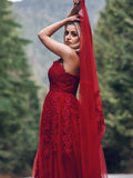 Vestido de noche de graduación con corte A/princesa, apliques de tul, sin mangas, escote en V y largo hasta el suelo