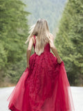 Vestido de noche de graduación con corte A/princesa, apliques de tul, sin mangas, escote en V y largo hasta el suelo