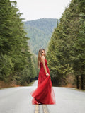 Vestido de noche de graduación con corte A/princesa, apliques de tul, sin mangas, escote en V y largo hasta el suelo