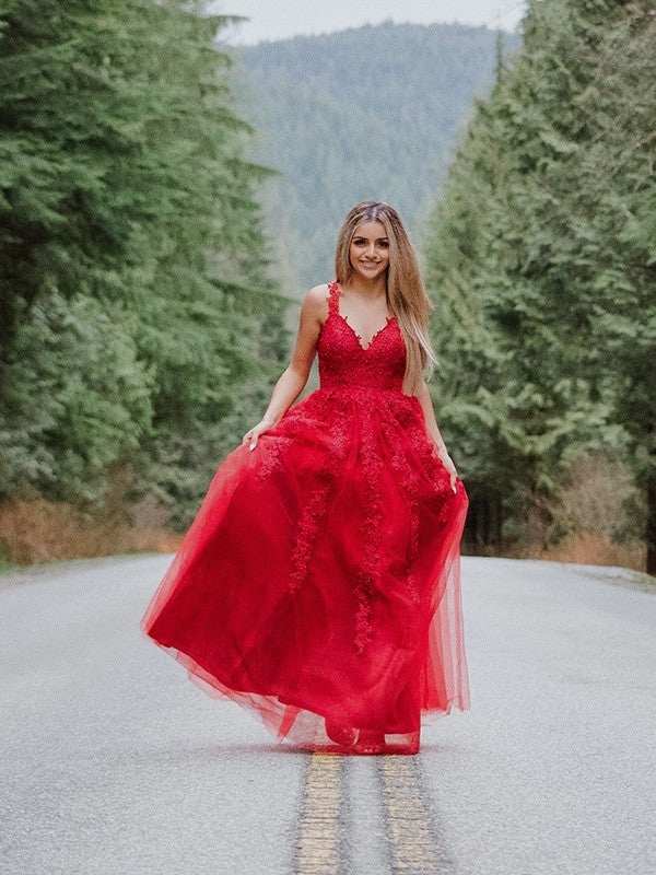 Vestido de noche de graduación con corte A/princesa, apliques de tul, sin mangas, escote en V y largo hasta el suelo