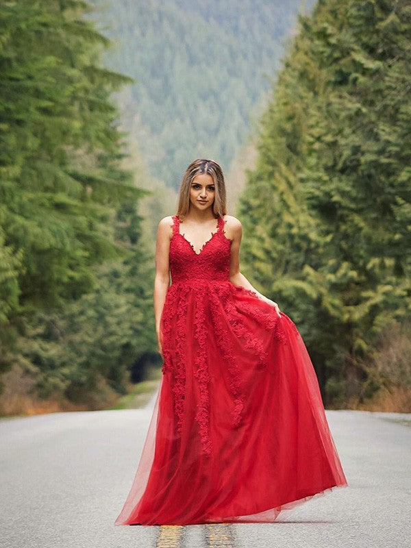 Vestido de noche de graduación con corte A/princesa, apliques de tul, sin mangas, escote en V y largo hasta el suelo