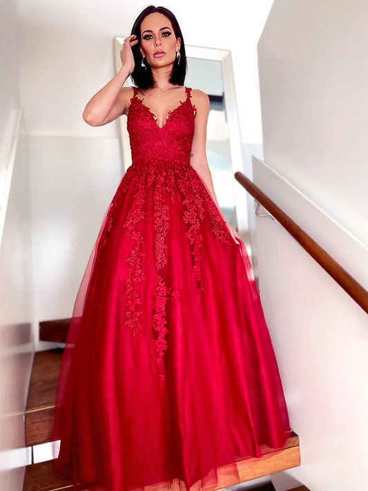 A-Line/Princess Tulle V-neck Floor-Length Applique Sleeveless Dresses Prom Evening Dress
