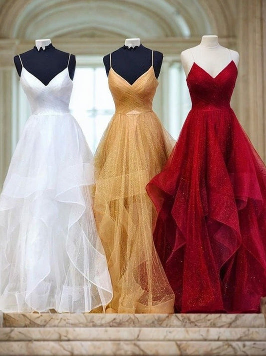 Vestido de noche de graduación, corte A/princesa, sin mangas, con tirantes finos y largo hasta el suelo de tul