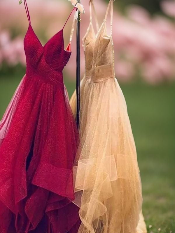 Vestido de noche de graduación, corte A/princesa, sin mangas, con tirantes finos y largo hasta el suelo de tul
