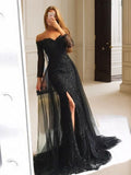 Trumpet/Mermaid Long Sleeves Off-the-Shoulder Sweep/Brush Train Tulle Lace Dresses Prom Evening Dress