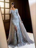 Trumpet/Mermaid Long Sleeves Off-the-Shoulder Sweep/Brush Train Tulle Lace Dresses Prom Evening Dress
