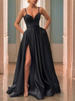 A-Line/Princess Sleeveless Straps Sweep/Brush Train Ruffles Satin Evening Dresses Prom Dress