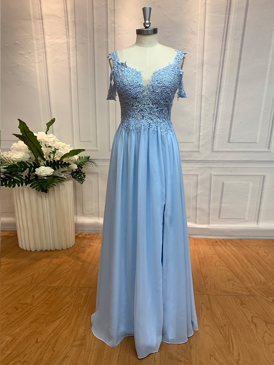 A-Line/Princess Sleeveless Off-the-Shoulder Floor-Length Applique Chiffon Dresses Prom Evening Dress