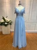 A-Line/Princess Sleeveless Off-the-Shoulder Floor-Length Applique Chiffon Dresses Prom Evening Dress