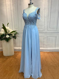 A-Line/Princess Sleeveless Off-the-Shoulder Floor-Length Applique Chiffon Dresses Prom Evening Dress