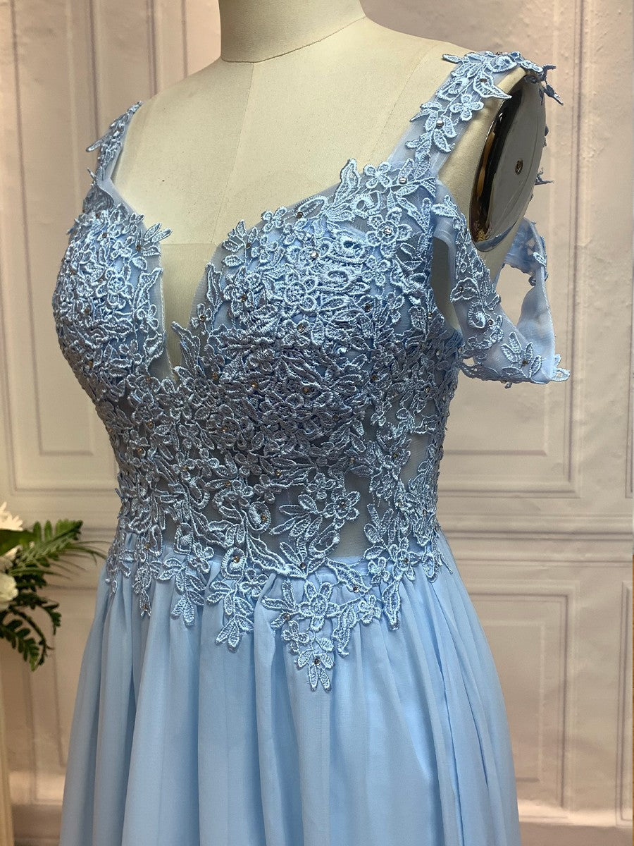 A-Line/Princess Sleeveless Off-the-Shoulder Floor-Length Applique Chiffon Dresses Prom Evening Dress