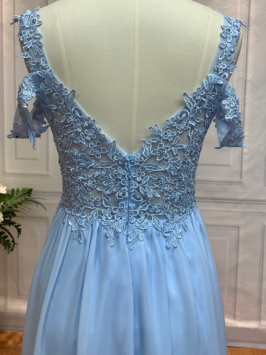 A-Line/Princess Sleeveless Off-the-Shoulder Floor-Length Applique Chiffon Dresses Prom Evening Dress