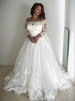 A-Line/Princess Off-the-Shoulder Long Sleeves Court Train Lace Tulle Wedding Dresses Bridal Gowns