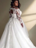 A-Line/Princess Off-the-Shoulder Long Sleeves Court Train Lace Tulle Wedding Dresses Bridal Gowns