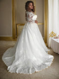 A-Line/Princess Off-the-Shoulder Long Sleeves Court Train Lace Tulle Wedding Dresses Bridal Gowns