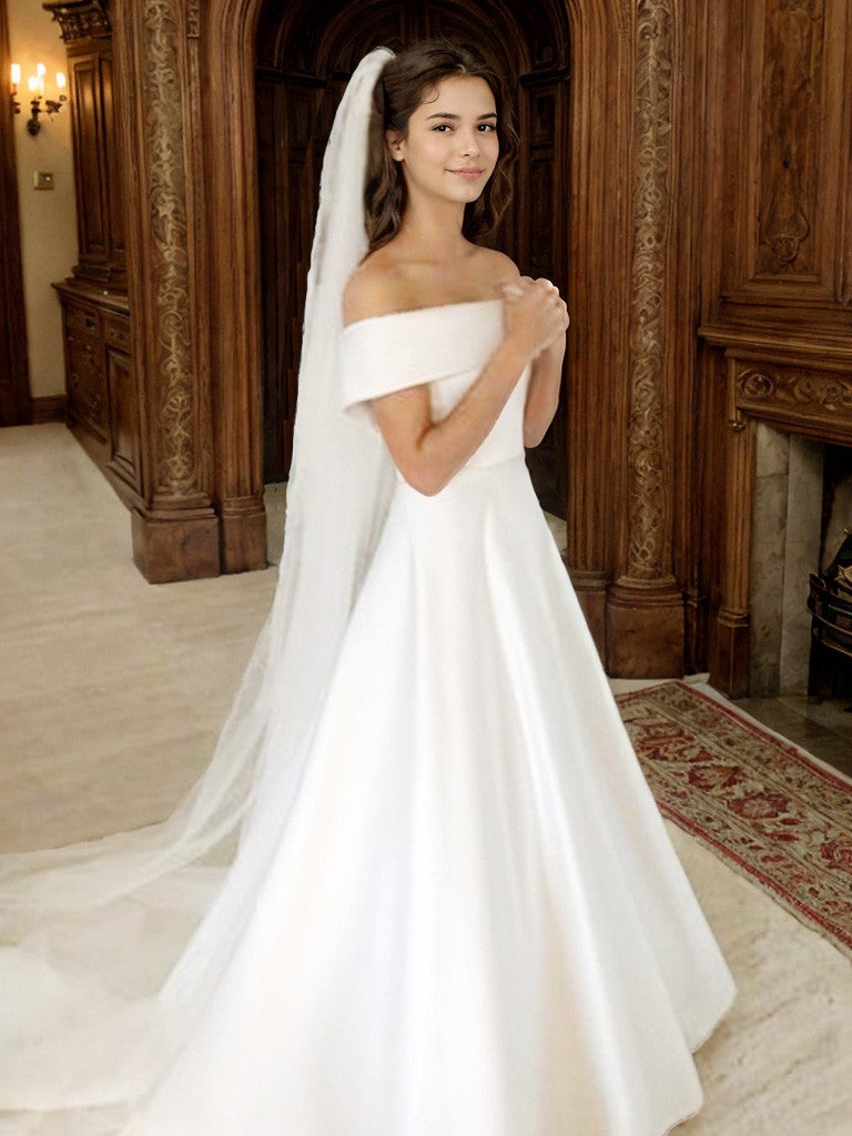 A-Line/Princess Off-the-Shoulder Sleeveless Sweep/Brush Train Ruffles Satin Wedding Dresses Bridal Gowns