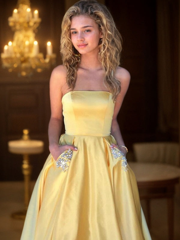 A-Line/Princess Strapless Sleeveless Sweep/Brush Train Beading Satin Dresses Prom Evening Dress